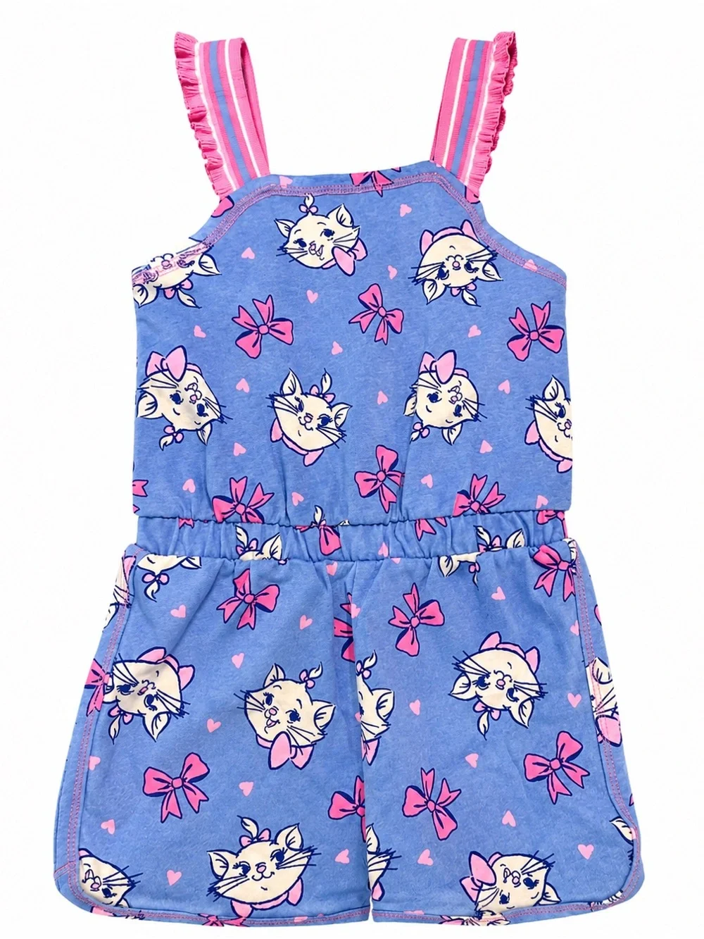 Girls' Blue & Pink Cat-Print Romper with Ruffle Straps